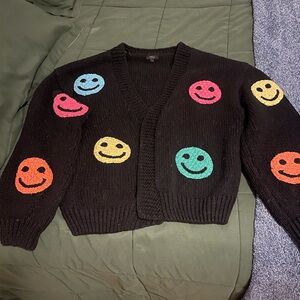 debut Black Cropped Cardigan with Multicolor Smiley Faces